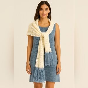 Handmade Blue Crochet Dress & Ivory Scarf Set Fringe Boho Beach Outfit